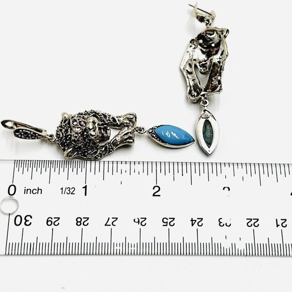 Blue Turquoise And Marcasite Sterling Silver Leopard Pierced Chandelier Earrings - Picture 3 of 4